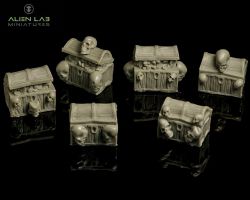 Alien Lab Miniatures SC017 Wooden Chests Skull [6szt] 28mm - Drewniane skrzynie