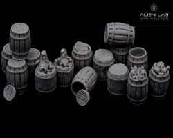 Alien Lab Miniatures Wooden Barrels #2 [15szt] 28mm - Drewniane beczki